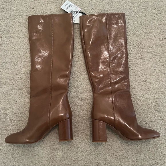 Zara HEELED LEATHER KNEE HIGH BOOTS Brown Knee-High Leather Boots sz 37 US 6.5 - Picture 7 of 10